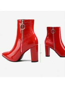 Women'S Chunky High Heel Posh Ankle Booties Pointed Toe Short Boots Decorated With Zipper And Fashion Metal Ring Heeled Pumps - 紅色 - 查看 2