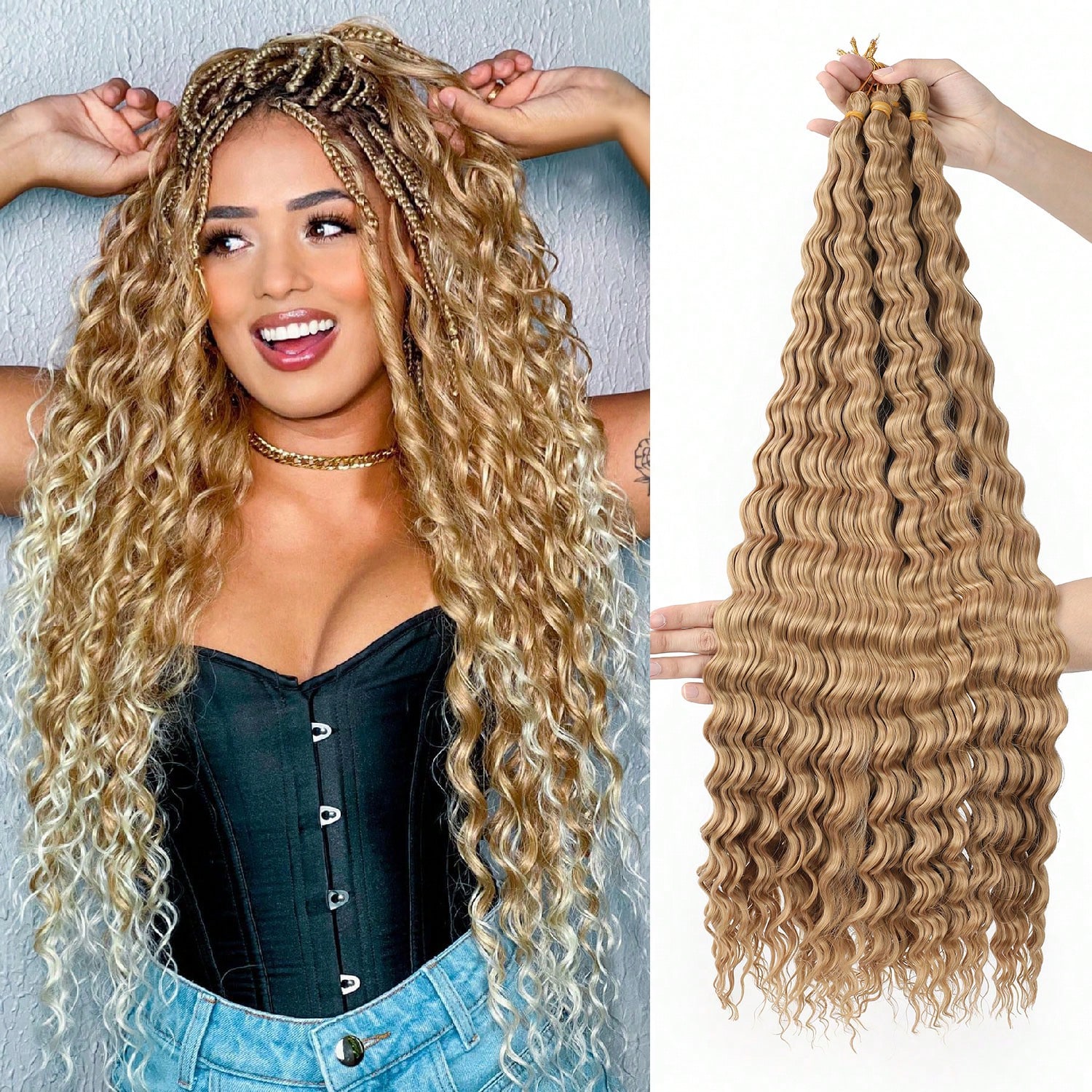 Paquetes de pelo de ganchillo de onda del mar, pelo de trenzado de onda profunda de oro de 30 pulgadas para mujeres, extensiones de cabello rizado sin
