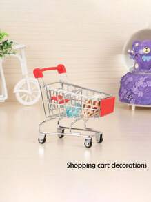1個創意迷你購物車,金屬迷你購物車,手工藝品擺件,迷你推車,桌面擺件,文具收納 - 紅色 - 查看 1