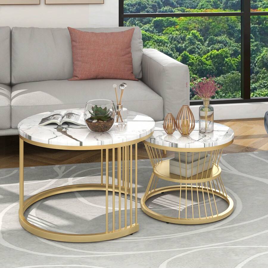Flieks Round Coffee Tables, Removable Set Of 2 End Table, Nesting Tables With Gold Metal Frame Legs And Marble Pattern Top For Living Room, Bedroom, Office, Balcony, Apartment - White - View 1