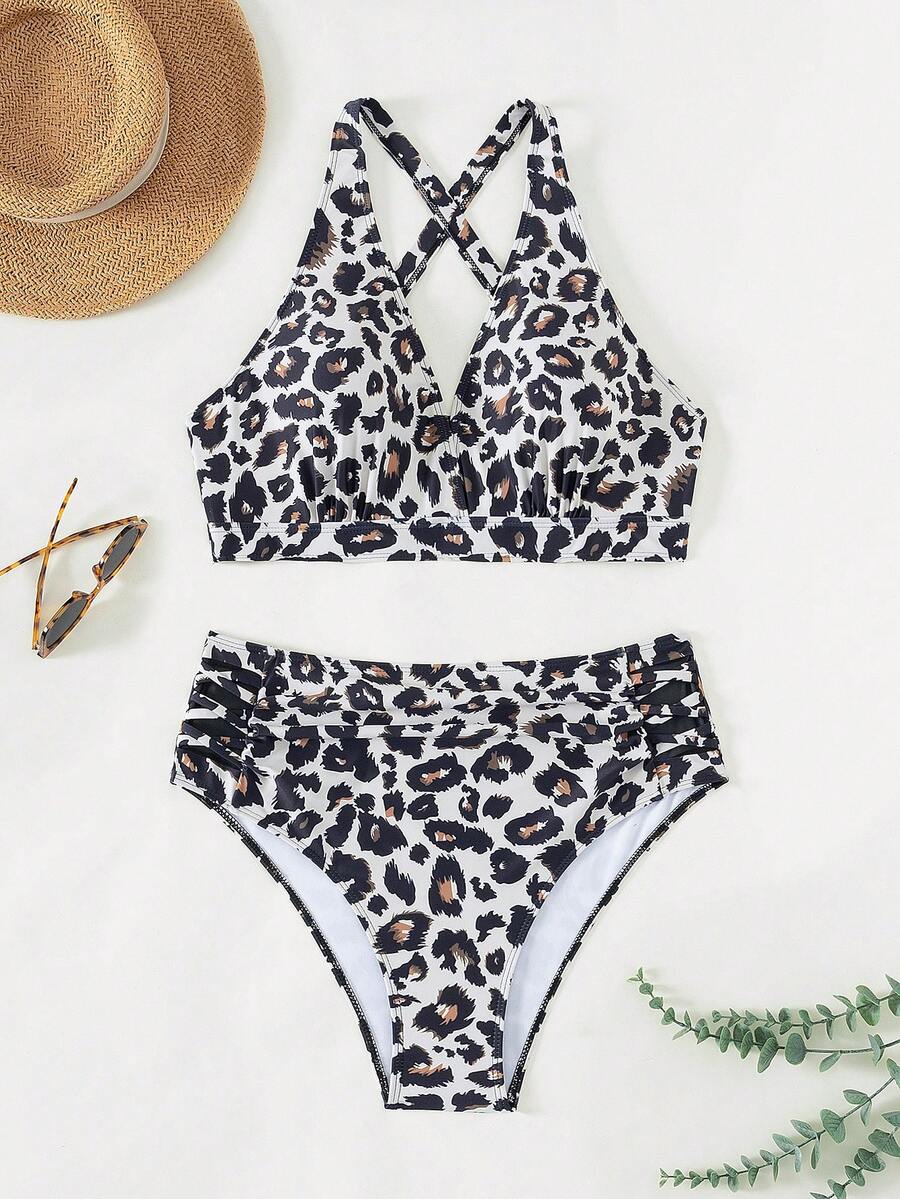 Set de bikini cu ochiuri de plasă cu îmbinare, cu imprimeu leopard, de mărime mare, sexy, vară, 2 buc