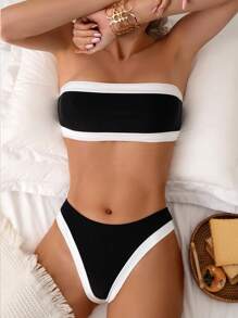 Conjunto de bikini de verano con combinación de blanco y negro para mujer - Blanco y Negro - Ver 2