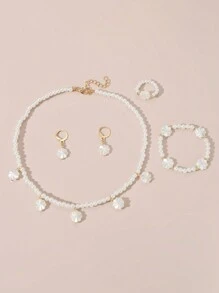 5入組女孩珍珠及幾何圖案吊墜項鍊、手鍊、戒指及耳環套裝 - 彩色 - 查看 2