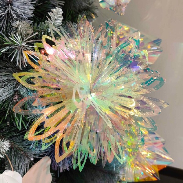 1PCX9" Iridescent Flower Ball Ornament Hanging Decoration, Foil Ceiling Decorative Hanging Ornaments For Christmas Bridal Shower Wedding Birthday Frozen Theme Party Fairy Princess Rainbow Show Decoration Memard Party