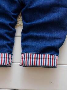 1pc Baby Boy Denim Overalls With Letter Embroidery For Spring/Autumn - Navy Blue - View 4