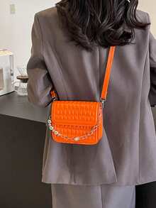 HELLO WEEKEND 1pc Mini Chain Decor Stone Pattern Pu Portable Flap Closure Magnetic Snap Fashion Crossbody Bag Suitable For Women Daily Use - Orange - View 2