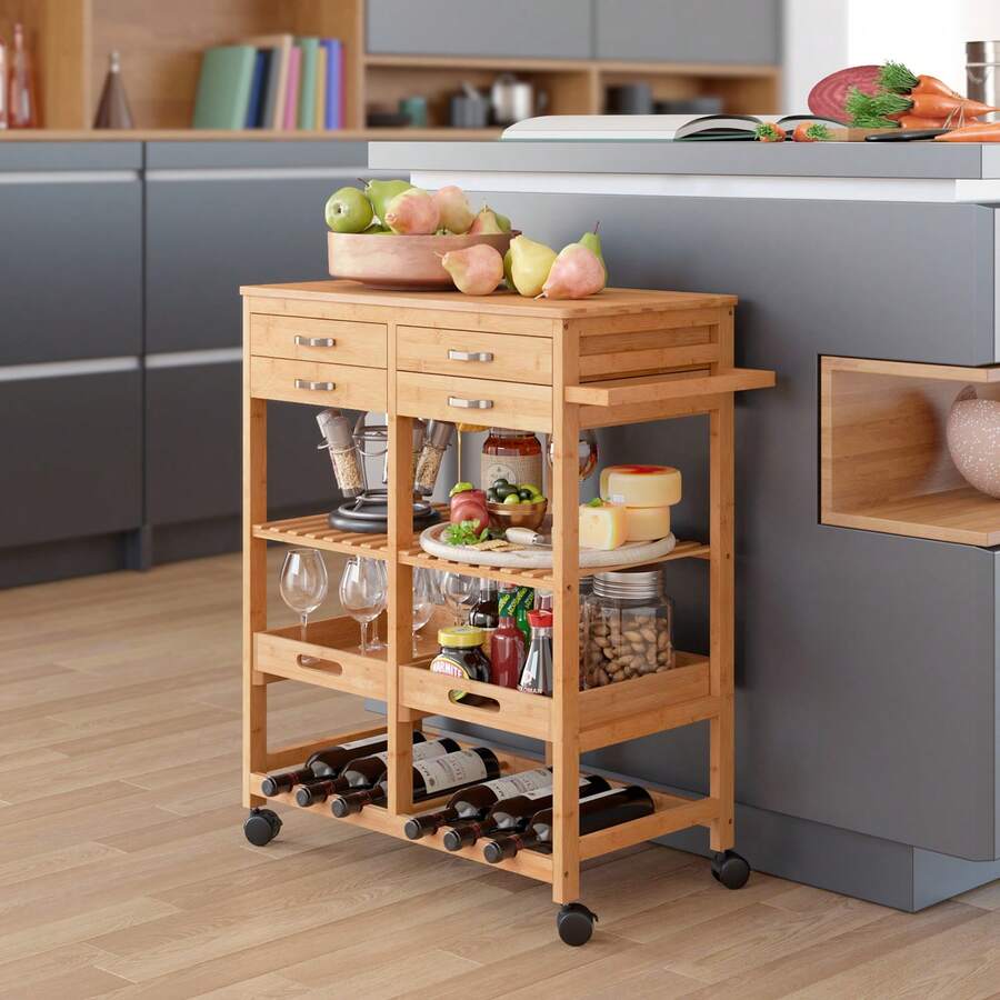 Furchen Kitchen Island Cart On Wheels With Storage Drawer & Shelves,Kitchen Trolley With Worktop,6 Bottles Wine Rack, 2 Removable Tray 66x36x80.5cm - Yellow - View 1