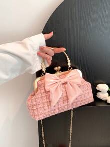 Túi cầm tay đính đá Rhinestone Chain Evening mới 2025, Túi xách nữ thời trang, Túi đeo vai thời trang, Túi xách tay xích màu trơn [Họa tiết hoa ngẫu nhiên] - Hồng - Xem 3