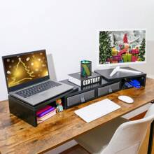 Gaming Computer Monitor Stand Riser,Dual Monitor Stand Riser With 2 Drawers-Length And Angle Adjustable 3 Shelf Monitor Riser With Storage Desk Organizer Large Computer Monitor Stand For 2 Monitors/Laptop/PC,Wood Screen/TV Stand - Black - View 1