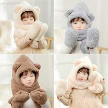 Gorro de oso Kawaii 3 en 1 para niños, bufanda y guantes, gorro hinchado de punto, máscara de esquí a prueba de viento, orejas de oso de dibujos animados, gorro de invierno, sudadera con capucha cálida para niños, bufanda larga, guantes, chal de felpa suave, gorro con capucha, bufanda con orejas de oso lindo, gorro de felpa cálido para invierno, regalo para niños de invierno frío, gorro de felpa para niños, otoño e invierno guantes bufanda infantil princesa lindo panda 3 en 1