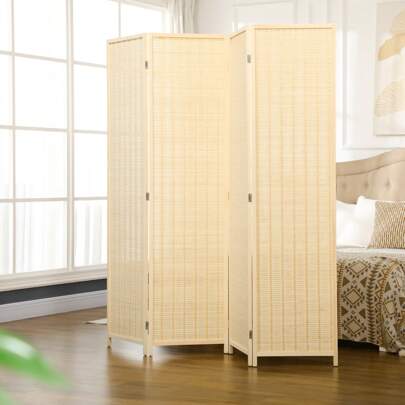 HOMCOM 4 Panel Folding Room Divider Screen, Wall Panel Privacy Furniture, Freestanding Paravent Partition Separator For Living Room, Bedroom And Office, 180 X 180cm, Natural