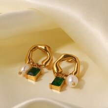 1pair Stainless Steel 18k Plated Pearl & Cubic Zirconia Earrings Suitable For Work, Party, Date - Pearl Ear-rings - View 11