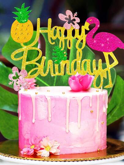1 件纸质火烈鸟生日快乐生日蛋糕装饰插件