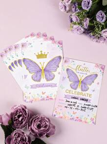 12张紫色蝴蝶图案纸质邀请卡，适用于性别揭晓派对、生日派对、婚礼、节日派对、圣诞节及其他场合。 - 粉色 - 查看 2