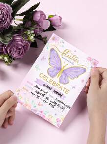 12张紫色蝴蝶图案纸质邀请卡，适用于性别揭晓派对、生日派对、婚礼、节日派对、圣诞节及其他场合。 - 粉色 - 查看 5