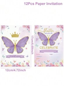 12张紫色蝴蝶图案纸质邀请卡，适用于性别揭晓派对、生日派对、婚礼、节日派对、圣诞节及其他场合。 - 粉色 - 查看 4