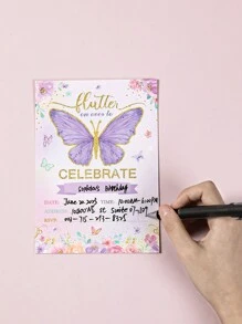 12张紫色蝴蝶图案纸质邀请卡，适用于性别揭晓派对、生日派对、婚礼、节日派对、圣诞节及其他场合。 - 粉色 - 查看 3