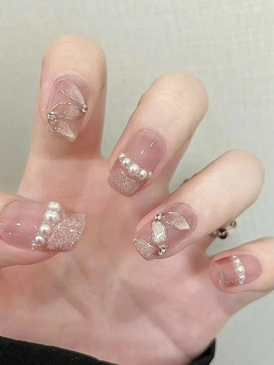 24片指甲貼片，貓眼珍珠緞帶，貼式美甲產品，貓眼法式指甲貼片，可拆卸假甲，淡粉色，附1片果凍膠和1個迷你指甲檔甲貼工具 - 彩色 - 查看 1