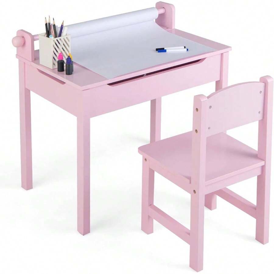 Children's Table With Chair, Painting Table With Paper Roll And Marker, Folding Children's Seating Area With Storage Space, Multifunctional Children's Table For Painting, Playing, Eating For Children's Rooms (Pink) - 粉色 - 查看 1