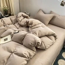 4pcs Super Soft Solid Color Bedding Set (1 Quilt Cover, 1 Bedsheet, 2 Pillowcases) For All Seasons - Apricot - View 7