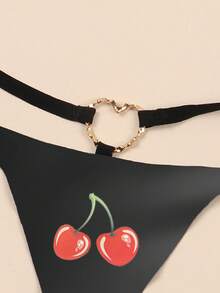 3pcs/Set Sexy Cherry Print Pu Leather Thong Underwear - Black - View 3
