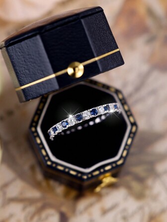1pc Exquisite Sterling Silver Blue & White Cz Inlaid Small Ring, Ideal Gift For Women On Engagement, Wedding, Anniversary