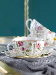 1pc High-End And Elegant Ceramic Coffee Cup And Saucer, Simple And Fresh Style, Ideal For Home And Flower Tea