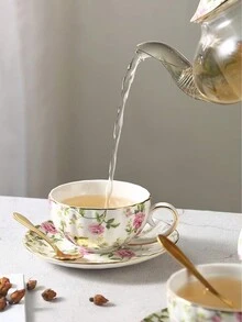 1pc High-End And Elegant Ceramic Coffee Cup And Saucer, Simple And Fresh Style, Ideal For Home And Flower Tea