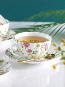 1pc High-End And Elegant Ceramic Coffee Cup And Saucer, Simple And Fresh Style, Ideal For Home And Flower Tea