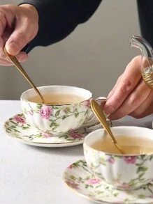 1pc High-End And Elegant Ceramic Coffee Cup And Saucer, Simple And Fresh Style, Ideal For Home And Flower Tea