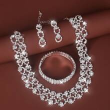 4pcs/set Full Diamond Circle Chain Necklace & Chain Bracelet & Drop Earrings For Women Wedding Bridal Jewelry - Silver - View 10