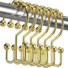 12pcs Gold Color Metal Shower Curtain Hooks With Sliding Rolling Balls For Durability, Waterproof And Rustproof, Decorative Bath Curtain Double Hooks For Window And Shower Curtains Home Bathroom Decor Fall Decor Bathroom Accessories Back To School