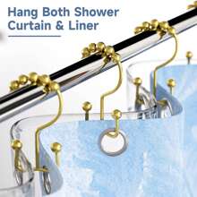 12pcs Gold Color Metal Shower Curtain Hooks With Sliding Rolling Balls For Durability, Waterproof And Rustproof, Decorative Bath Curtain Double Hooks For Window And Shower Curtains Home Bathroom Decor Fall Decor Bathroom Accessories Back To School