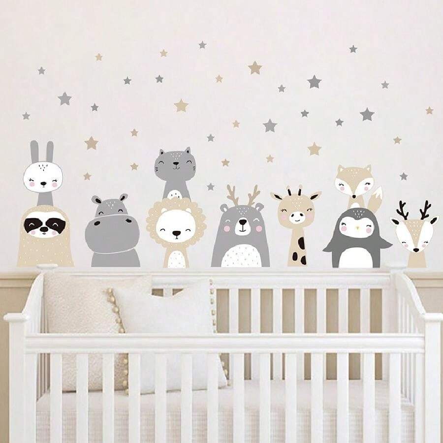 Cartoon Smiling Animal & Star Wall Stickers For Kids' Room Decoration, Living Room Hallway Entrance Door Porch Home Decor, Wall Decals Baby Shower Family Decorations Gifts, For - Multicolor - View 1