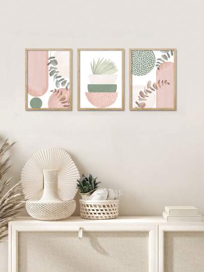3 Pieces Set Pink Abstract Canvas Art Print Boho Geometry & Floral Poster Watercolor Leaf & Vase Wall Picture Nordic Green Leaves Painting Apartment Decor Room Wall Decor No Frame