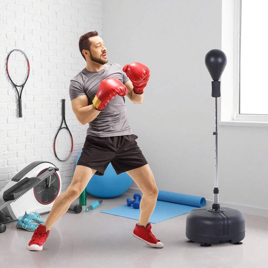 HOMCOM Saco de Boxeo de Pie con Altura Ajustable en 136-154 cm y Base Rellenable Pera de Boxeo con Soporte y Guantes para Adultos y Adolescentes - Negro - Ver 1