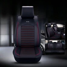 Universal Car Seat Cover Full Set PU Leather 5 Seats Front Rear Seat Cushion - 黑色和紅色 - 查看 3