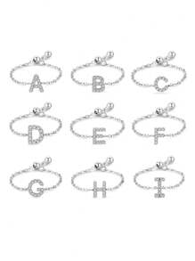 方晶鋯石字母裝飾銀婚戒適合女士新娘婚禮精細首飾類