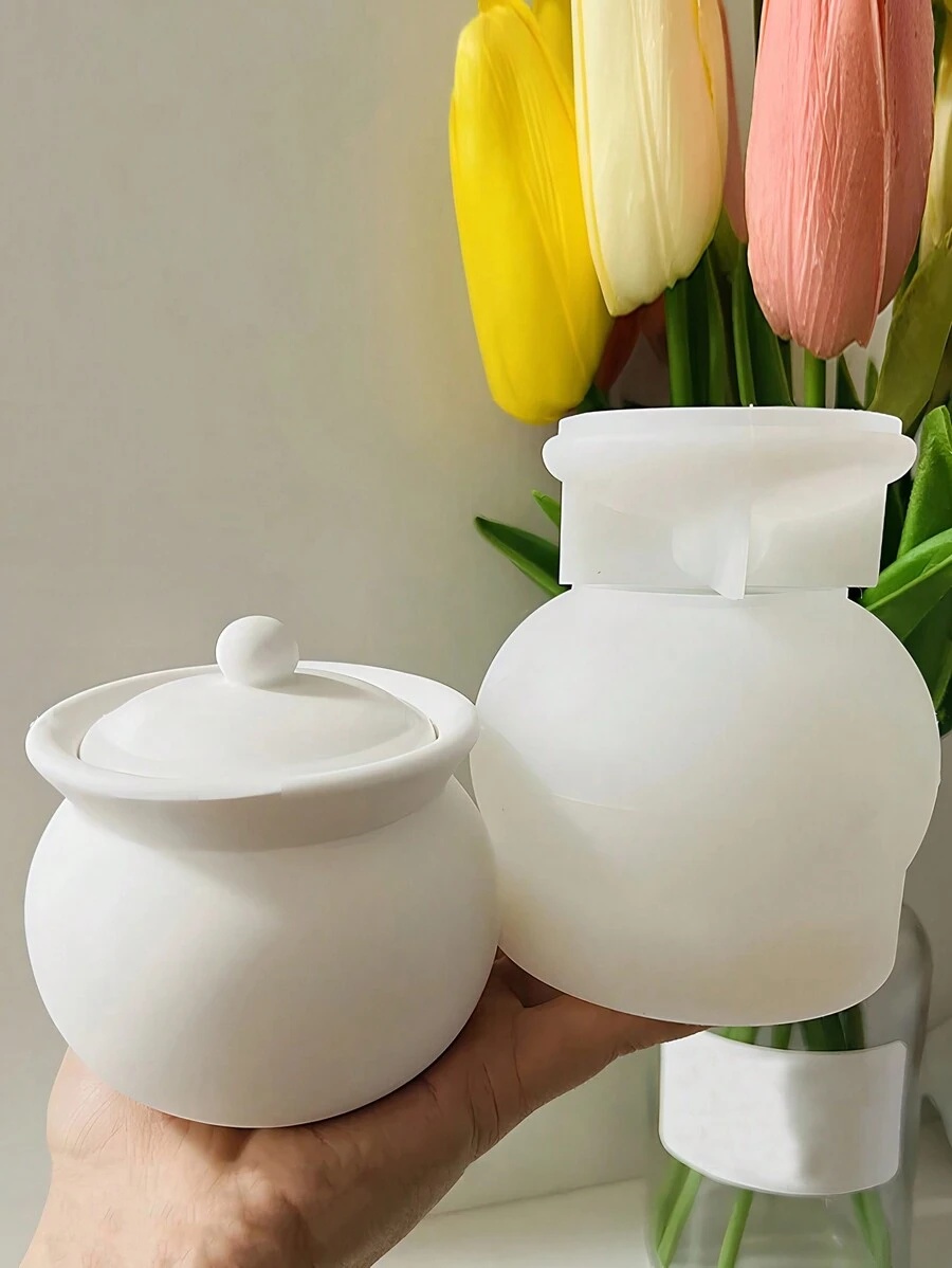 带盖树脂罐模具,用于环氧树脂烛台、储藏瓶树脂模具、糖果容器、混凝土烛台糖果首饰盒、家居装饰 - 白色 - 查看 1