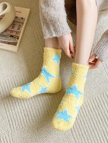 1pair Women's Thickened Mid-Calf Plush Socks With Yellow Star Pattern - Yellow - View 3