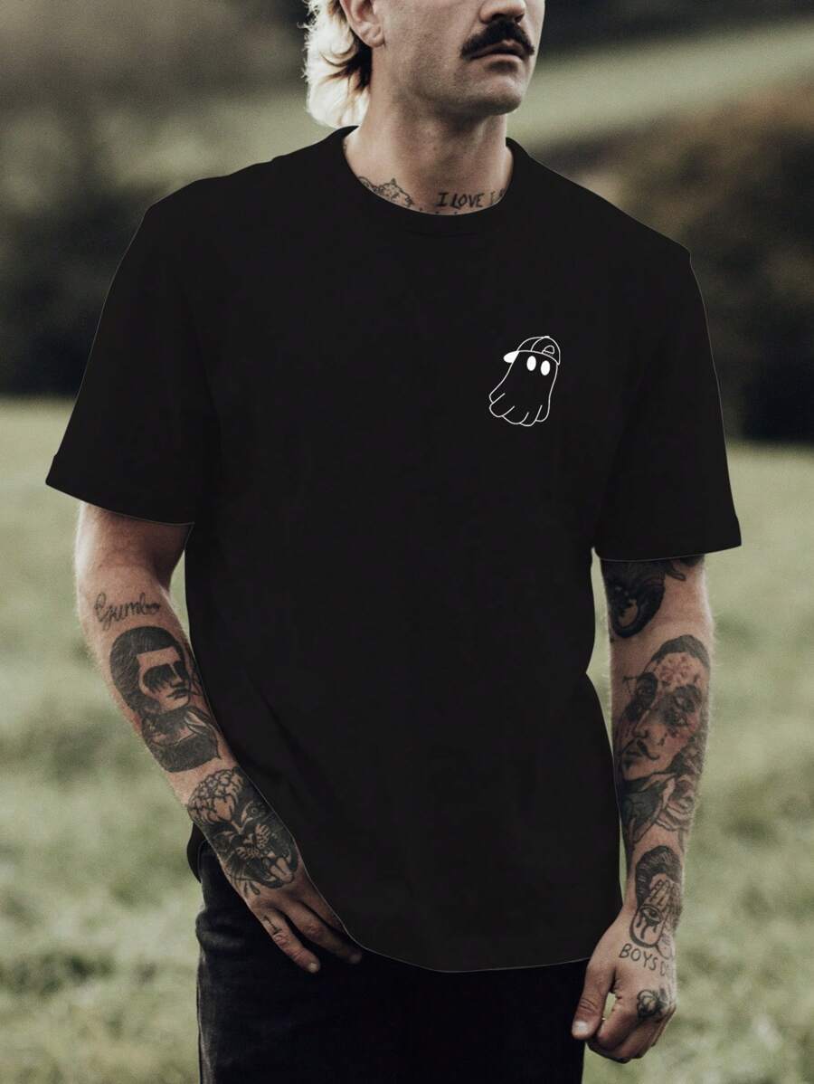 Camiseta Masculina Adulto e Infantil Estampada Fantasma de Boné 100% Algodão - Preto - Visão 1