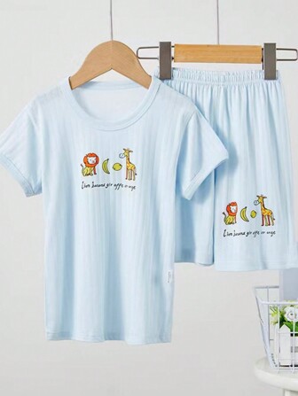 少女春夏卡通動物和標語印花舒適家居服套裝