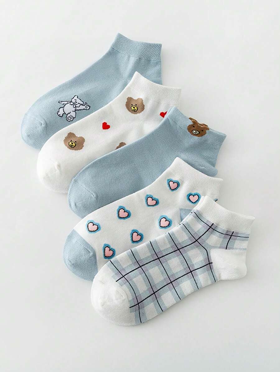 1/5 双可爱卡通熊和心形图案舒适短袜，秋季袜子