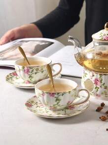 1pc High-End And Elegant Ceramic Coffee Cup And Saucer, Simple And Fresh Style, Ideal For Home And Flower Tea