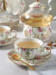 1pc High-End And Elegant Ceramic Coffee Cup And Saucer, Simple And Fresh Style, Ideal For Home And Flower Tea