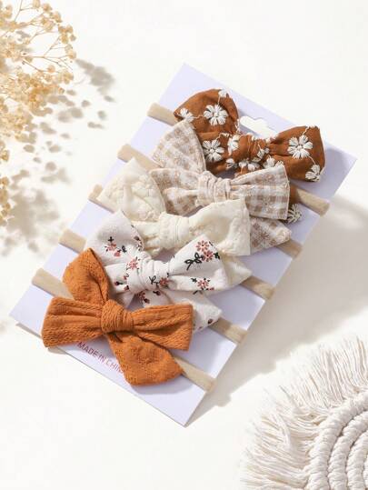 5 chiếc băng đô thun thiết kế nơ in họa tiết thêu trang trí, lý tưởng cho trẻ em yêu ngày lễ tình nhân