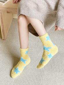 1pair Women's Thickened Mid-Calf Plush Socks With Yellow Star Pattern - Yellow - View 4