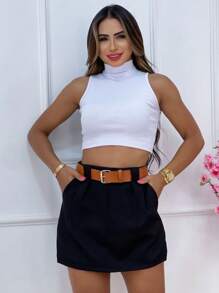 short saia Alfaiataria com cinto e bolso - Preto - Visão 2