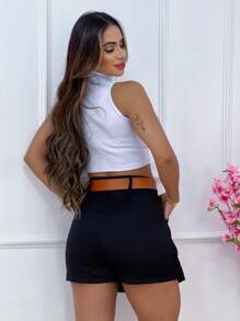 short saia Alfaiataria com cinto e bolso - Preto - Visão 3