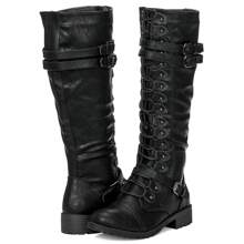 Women's Knee High Riding Boot Lace Up Boot Fashionable Buckle Wide Calf Knee High Boots Combat Boot - màu đen - Xem 5